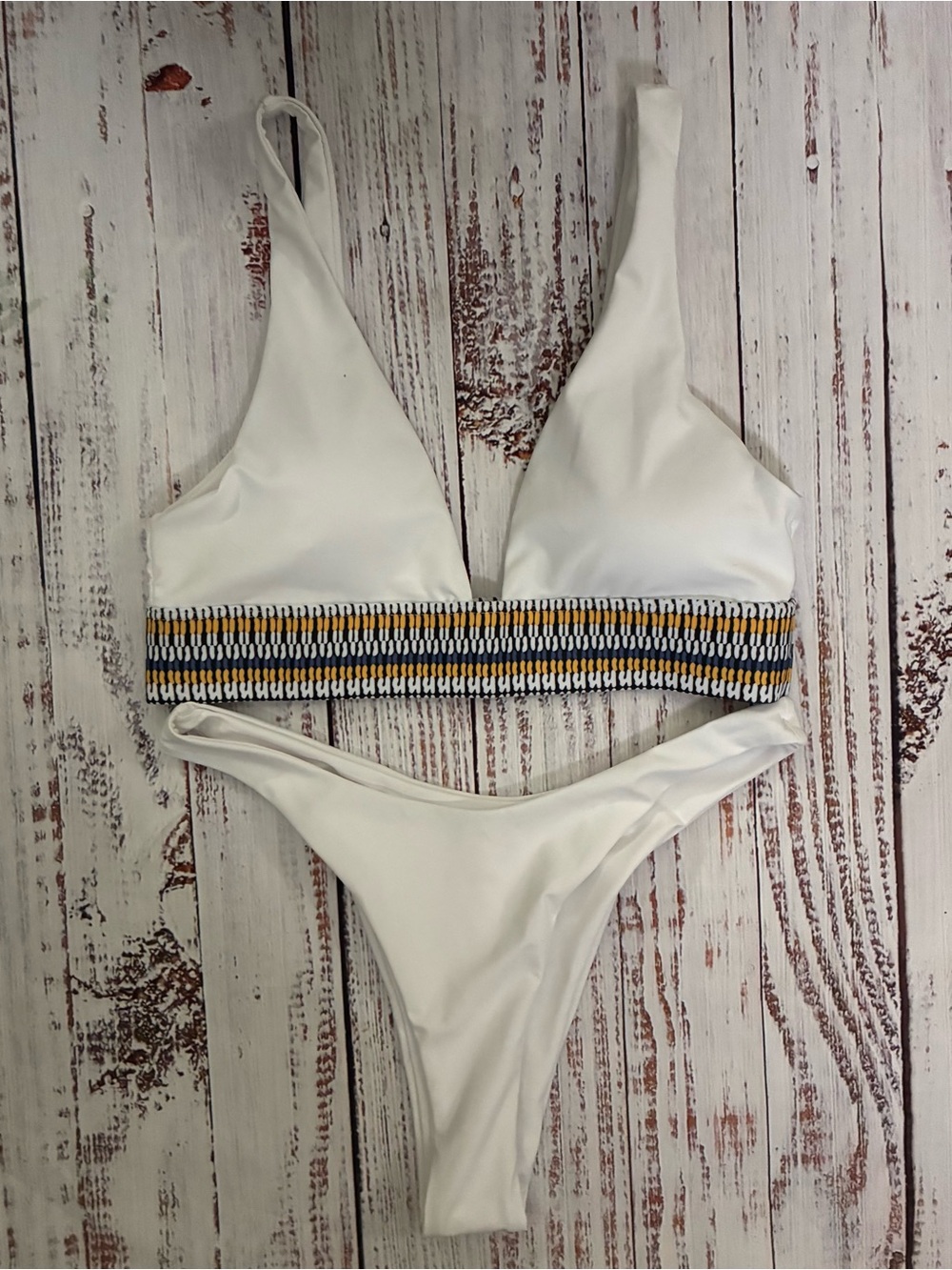 SHEIN White Two-Piece Bikini with Yellow and Navy Trim
